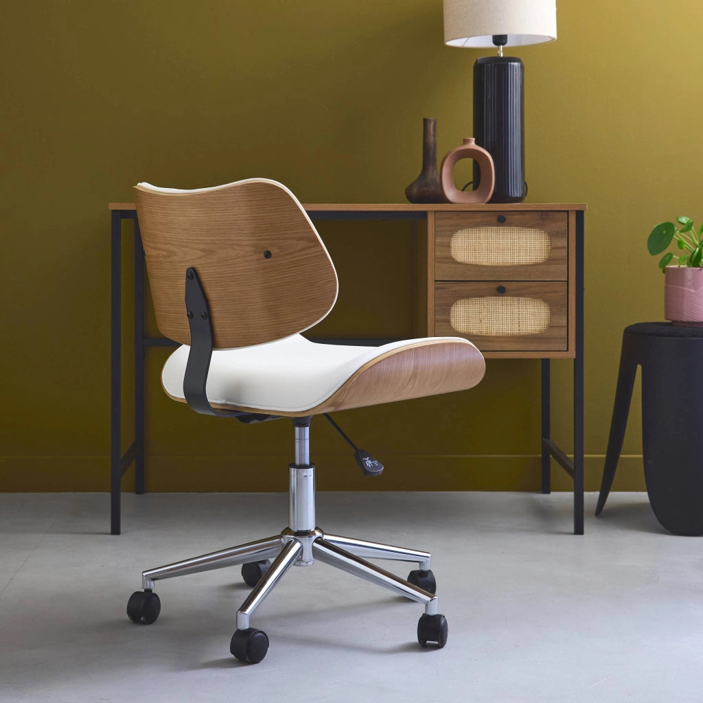 Sedia da ufficio con rotelle, effetto legno curvato e similpelle,