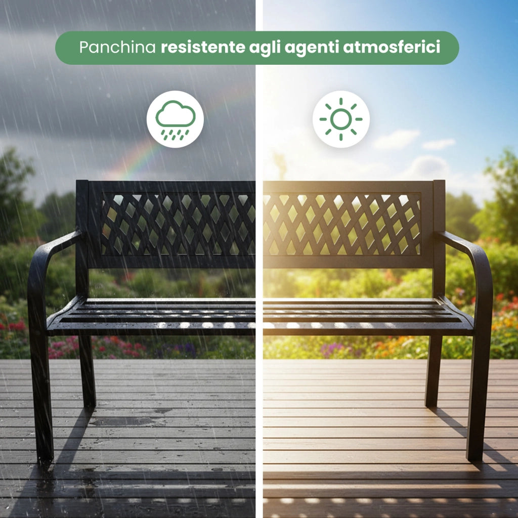 Panchina da giardino nera KALIA con gambe in acciaio larghezza 122 cm