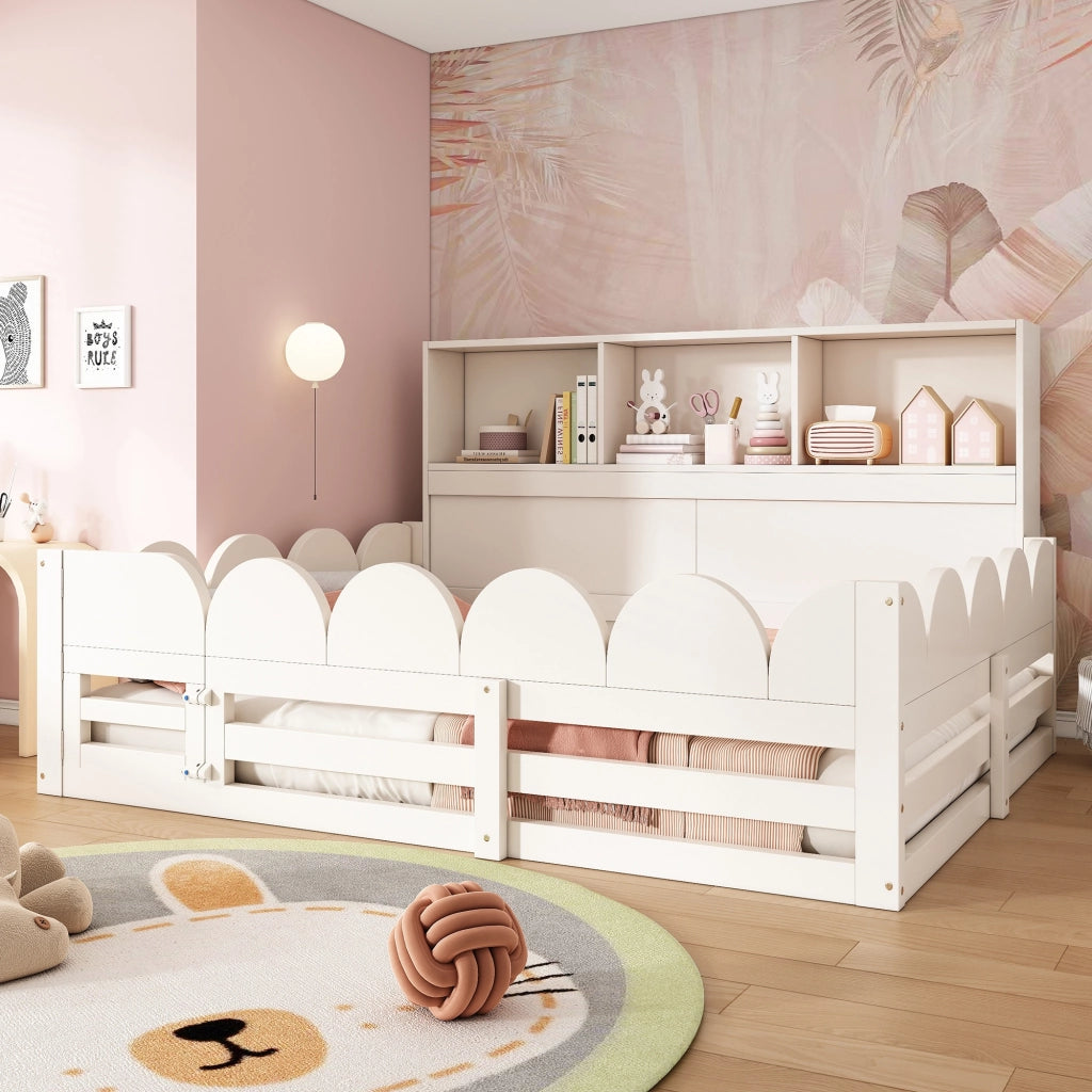 Letto per bambini 140x200 cm, con sponde di sicurezza e vano contenitore, in MDF, bianco