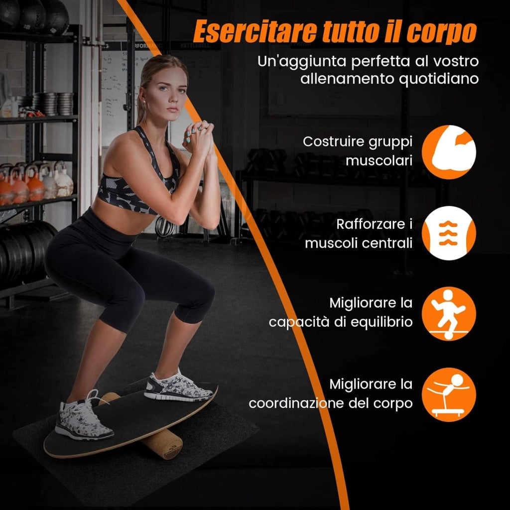 Balance Board in Legno, Tavola di Equilibrio con Rullo e Tappetino per Allenamento Skateboard Hockey Snowboard Surfing, per Esercizi Equilibrio e Tonificazione Core, Portata 227 kg (Nero)