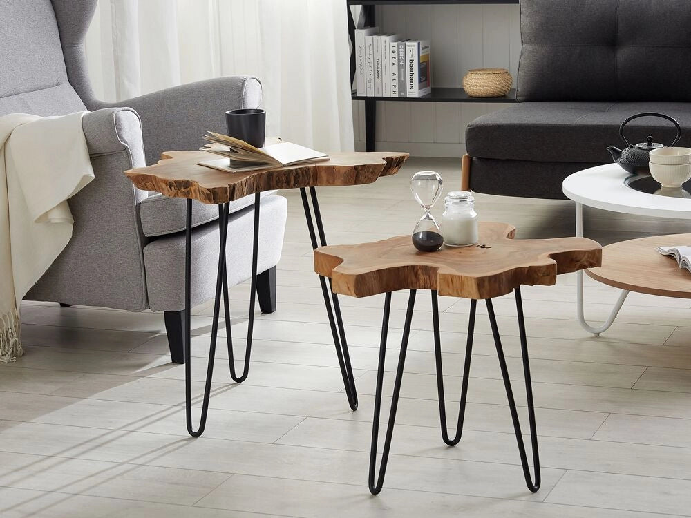 Set di 2 tavoli a nido in marrone scuro Java con Gambe Nere Rustico