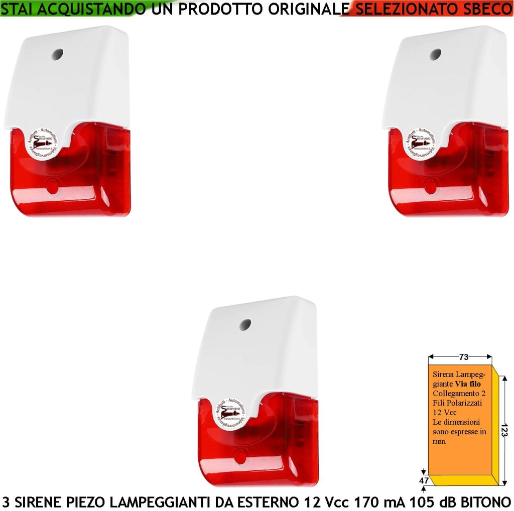 Sirena Piezoelettrica Lampeggiante Antifurto da Parete 3 Pezzi Melodia Bitono da 1500/4000 Hz 105 dB Alimentazione 12 Vcc Assorbimento 170 mA 2 Fili Polarizzati Contenitore ABS Interno Esterno IP44