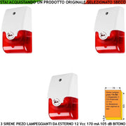 Sirena Piezoelettrica Lampeggiante Antifurto da Parete 3 Pezzi Melodia Bitono da 1500/4000 Hz 105 dB Alimentazione 12 Vcc Assorbimento 170 mA 2 Fili Polarizzati Contenitore ABS Interno Esterno IP44