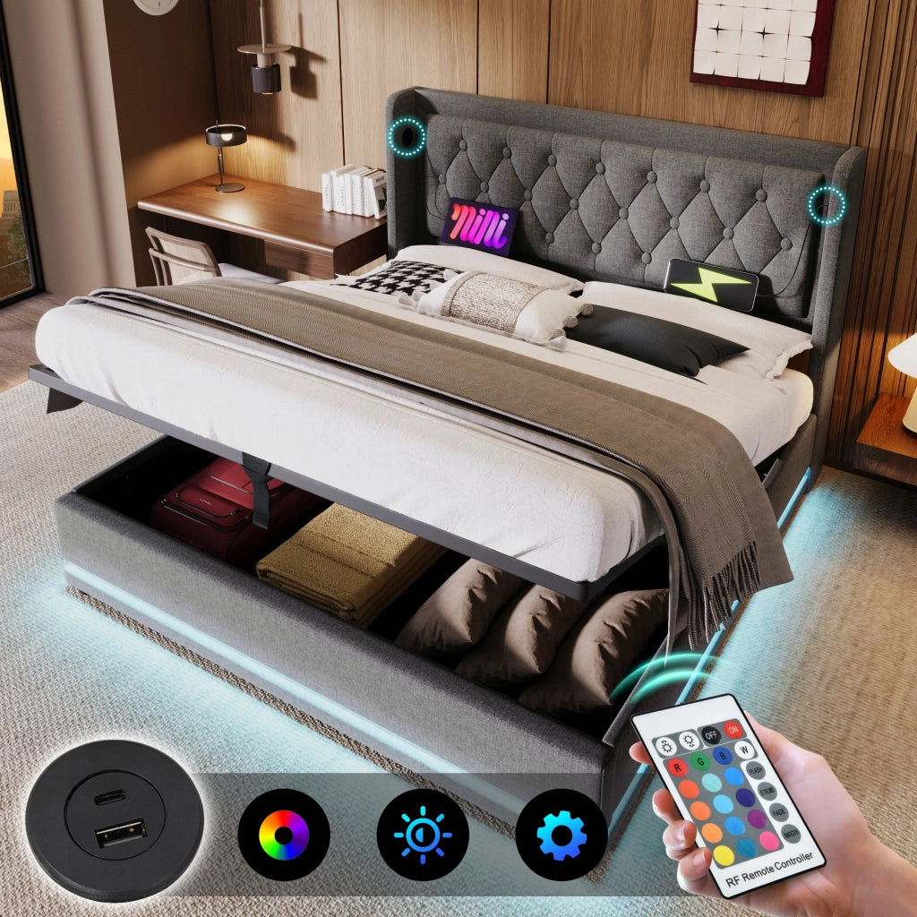Letto imbottito 140x200 grigio - Xylo - Idraulico, LED, USB-C