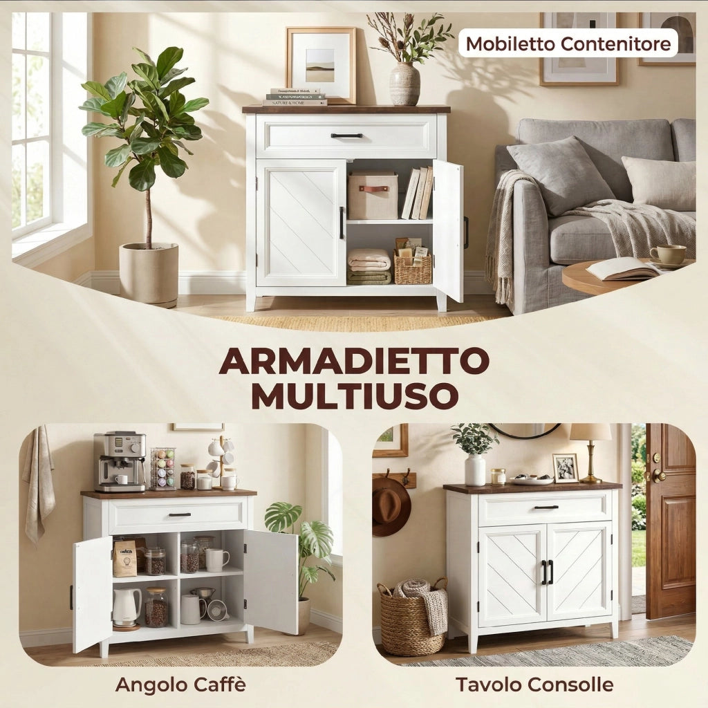Credenza Moderna Rustico con Ripiano Regolabile. Spazio Contenitore e 2 Ante.