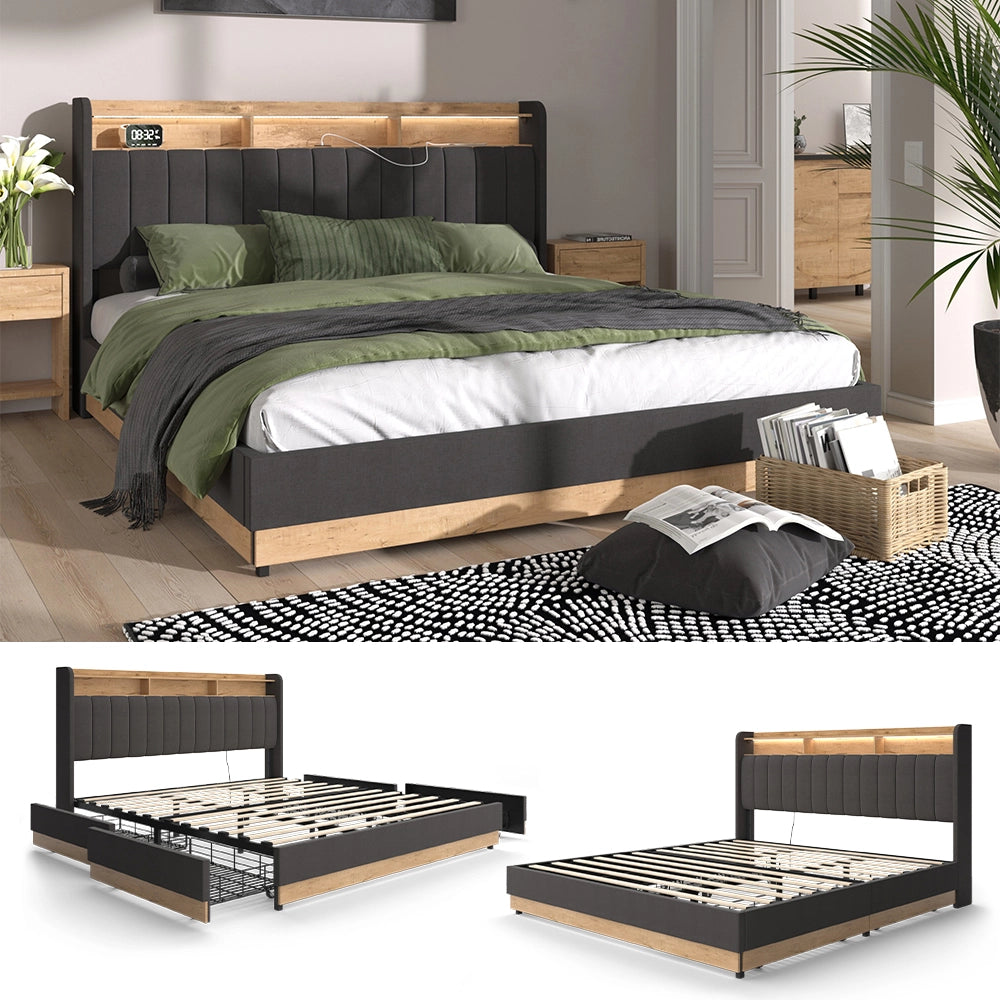 Vitalispa Letto imbottito Antracite 180x200 cm con 4 cassetti