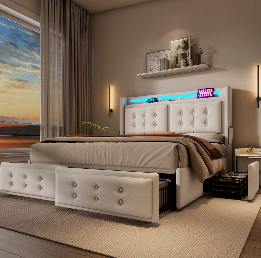 Letto imbottito 160x200 cm con LED; USB e 4 cassetti in cotone lino grigio/beige