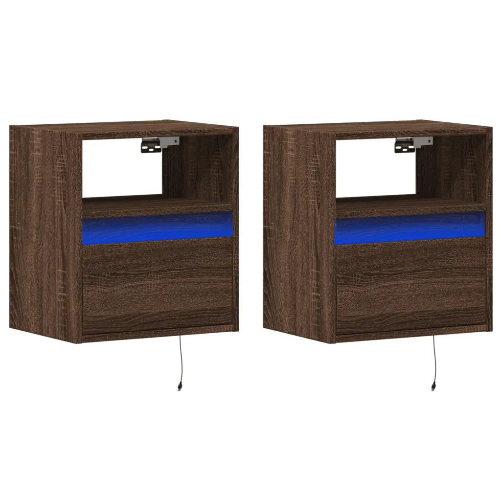 Comodini a Parete con luci LED 2 pz Rovere Marrone 3307988