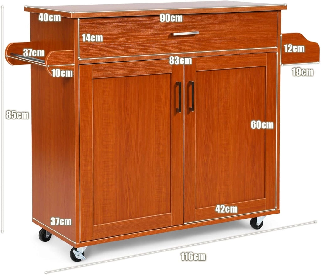 Carrello da Cucina con Ruote di Gomma, Scaffale per Microonde Carrello Servizio, Mobile Cucina con Ripiani e Ante, Credenza Cucina Legno Moderno Elegante, 116 x 37 x 85 cm (Marrone)
