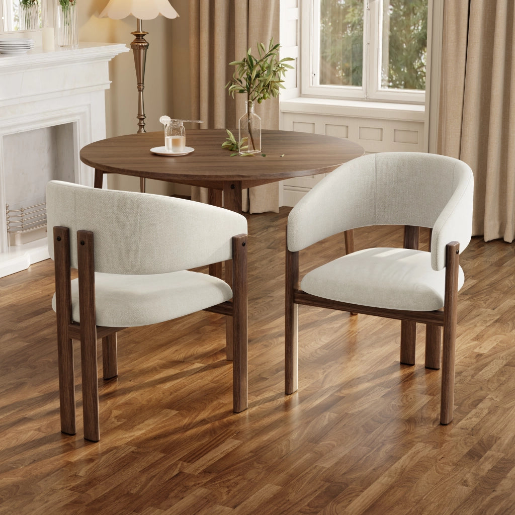 2 sedie da sala da pranzo in metallo con effetto legno noce e braccioli ergonomici in lino beige stile moderno
