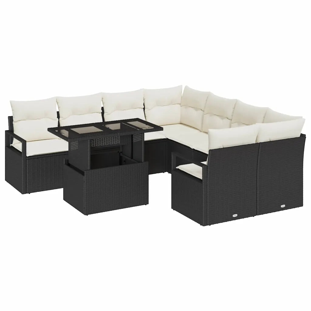 Set Divano da Giardino 9 pcs Nero e Crema polyrattan