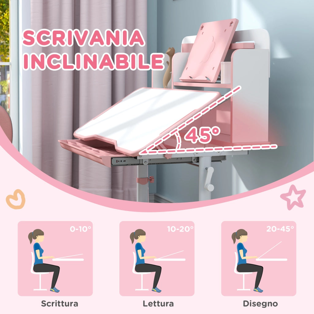 Scrivania Regolabile per Bambini con Sedia, Cassetto e Scaffale ¨C Minimal ¨C Rosa