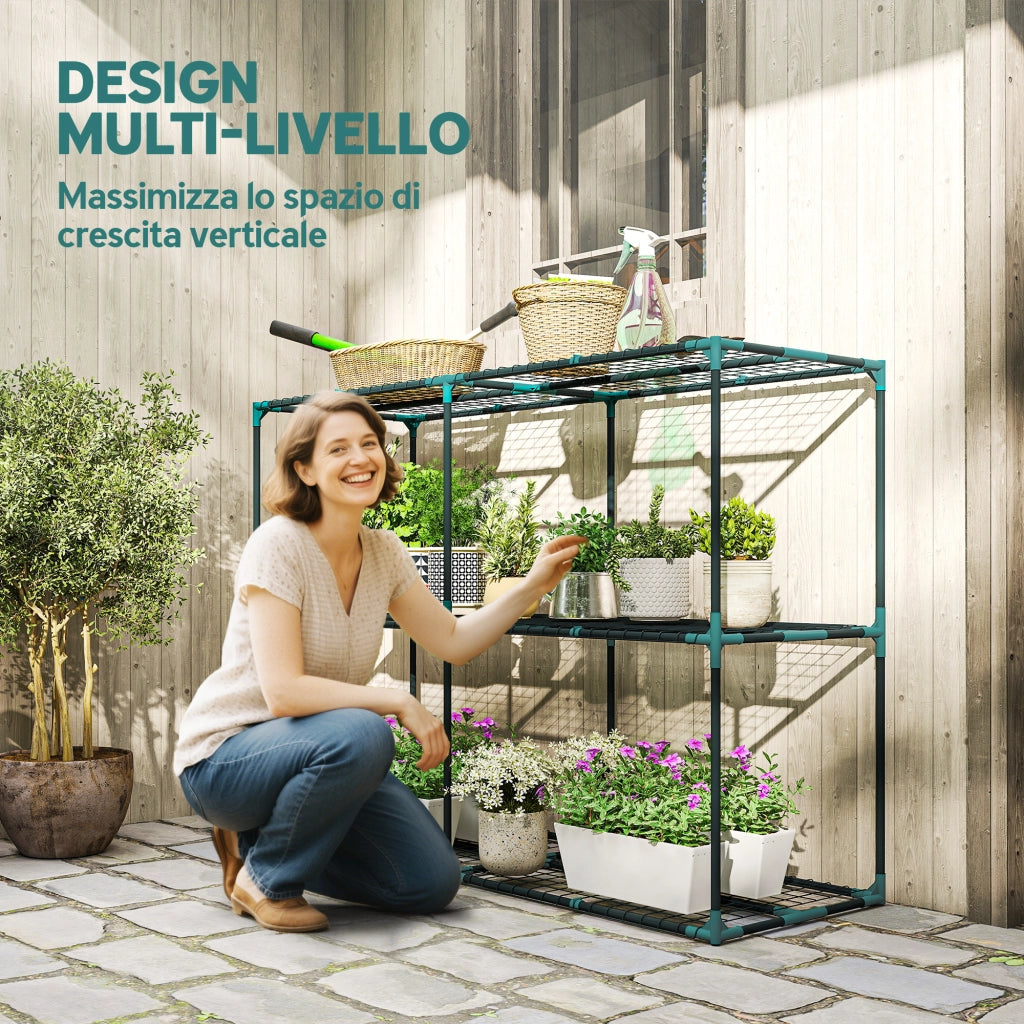 Portapiante a 3 Livelli ¨C Minimal ¨C Verde Scuro, Acciaio e Plastica, 143x48x100 cm