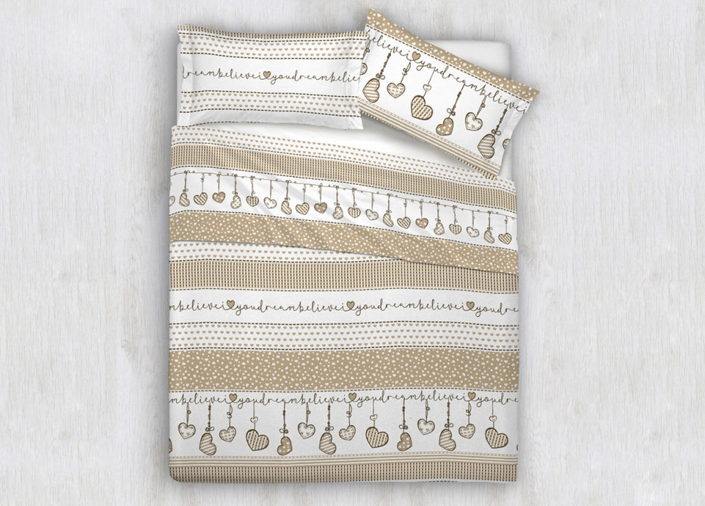 Copripiumino Sacco Piumone 100% Cotone Disegni Natalizi Invernali Renne Cuori OB - Matrimoniale - Dream Beige