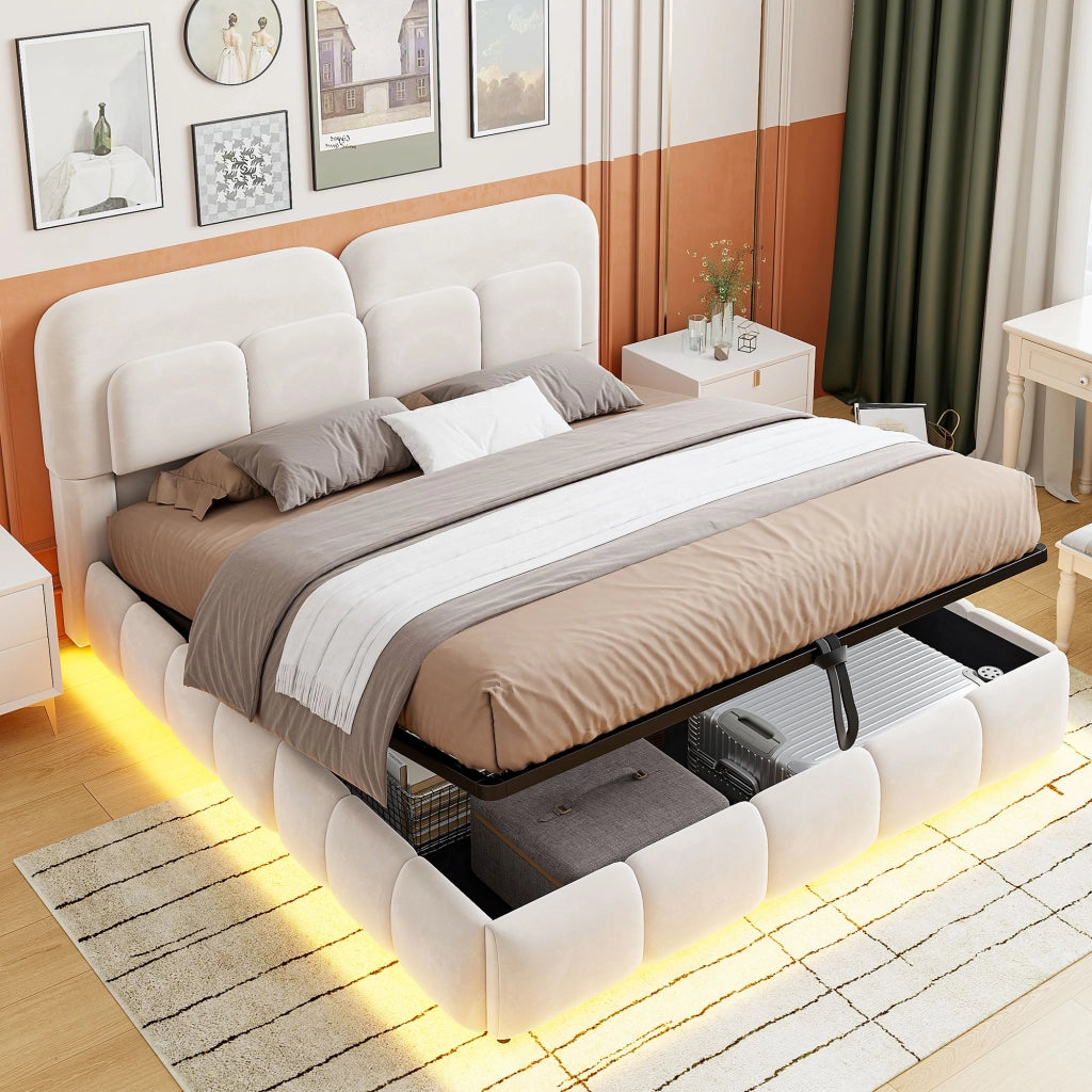 Letto matrimoniale 140 x 200 cm, testiera imbottita, con luci a LED, vano portaoggetti, rivestimento in velluto, beige