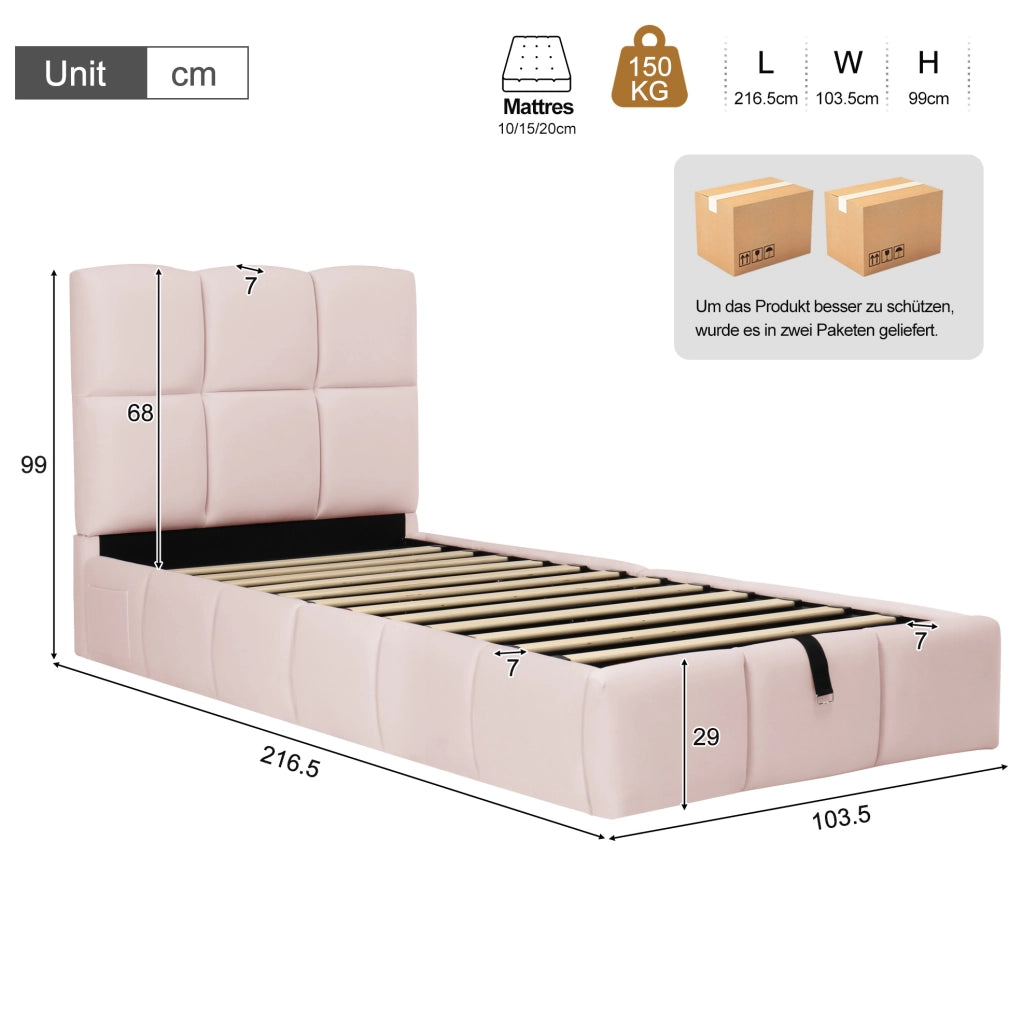 Letto singolo 90x200 cm con contenitore; rete a doghe e USB C; velluto rosa