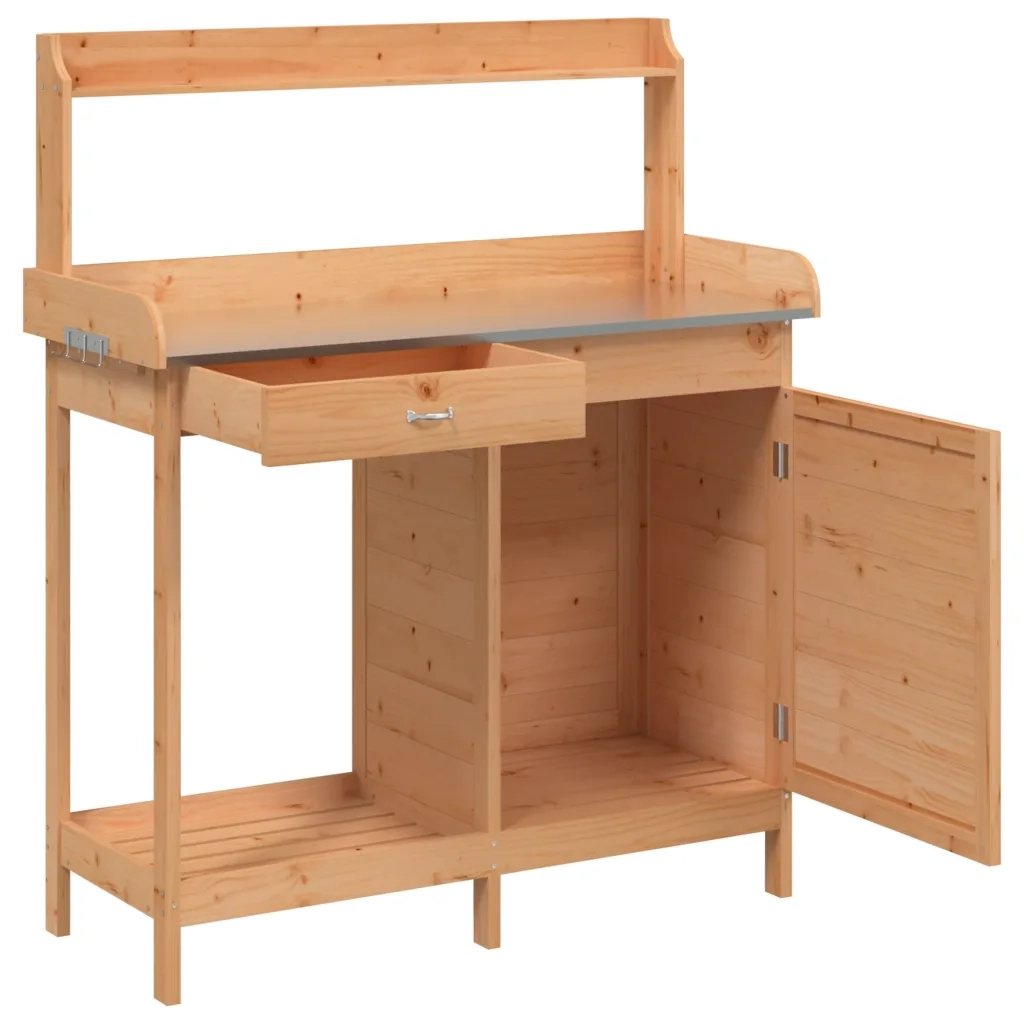 Tavolo da giardinaggio in legno massello con armadietto 110,5 x 45 x 124,5 cm pratico contenitore in legno marrone 02_0046205