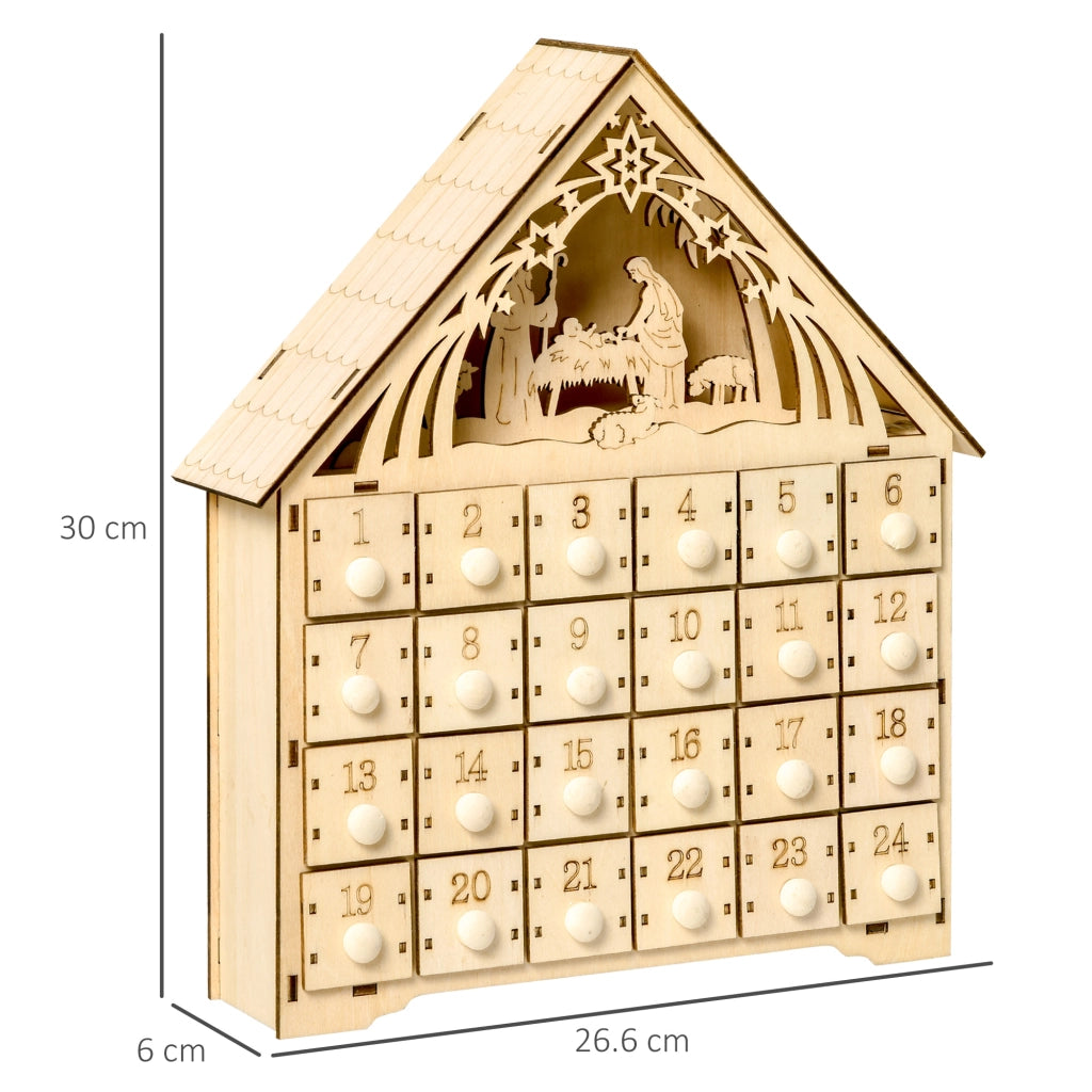 Calendario dell'Avvento in Legno con 24 Cassetti ¨C Xylo ¨C Decorazione Natalizia con Presepe e Luci, 26.6x6x30cm