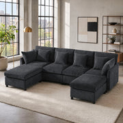 Divano modulare 4-6 posti con 2 pouf e 6 cuscini; 278x161x81 cm; in chenille grigio