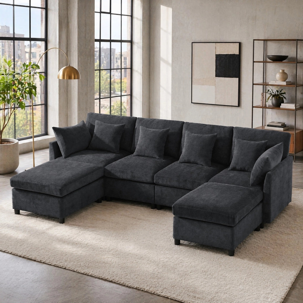 Divano modulare 4-6 posti con 2 pouf e 6 cuscini; 278x161x81 cm; in chenille grigio