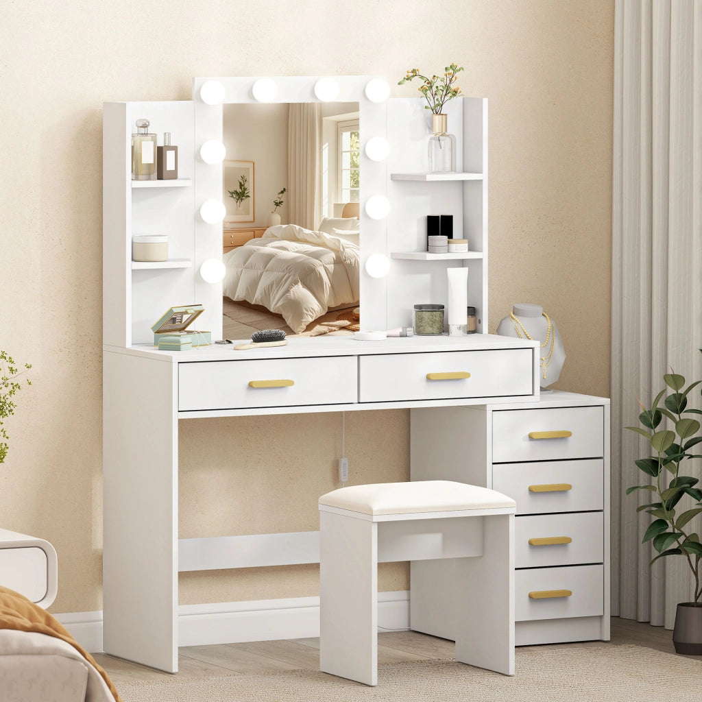 Scrivania Trucco con Specchio Illuminato e Sgabello Imbottito ¨C Minimal ¨C Bianco 6 Cassetti