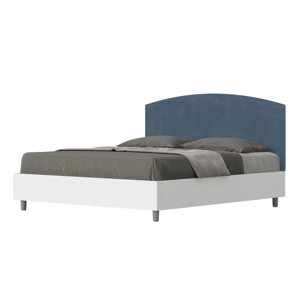 BS COM Letto matrimoniale con rete 160x200 bianco frassino testata microfibra blu