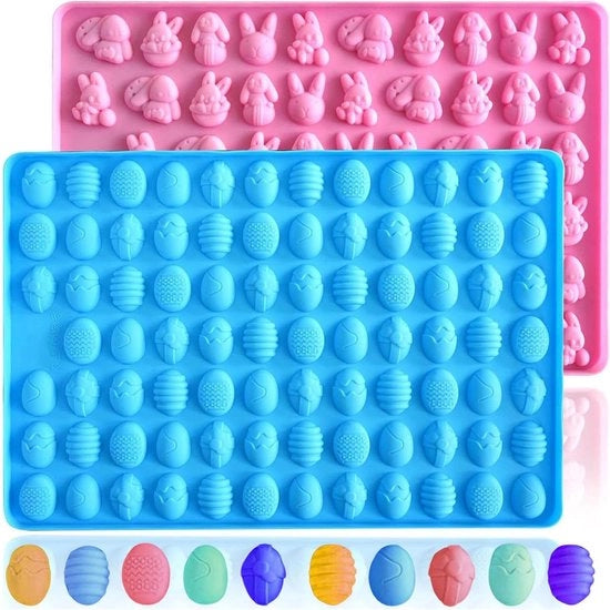 Set di formatura per Pasqua in silicone - 83 fori e forma di pasqua e di coniglio - Set da 2 - Per cioccolato, dolci, gelato