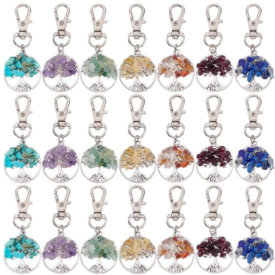 Sistema di appesi chiavi da 28 pezzi - Appeso chiavi con forma albero - Appeso chiavi con decorazione - Appeso chiavi decorativo - Chiusura in argento - 7 colori - Accessori per chiavi decorativi