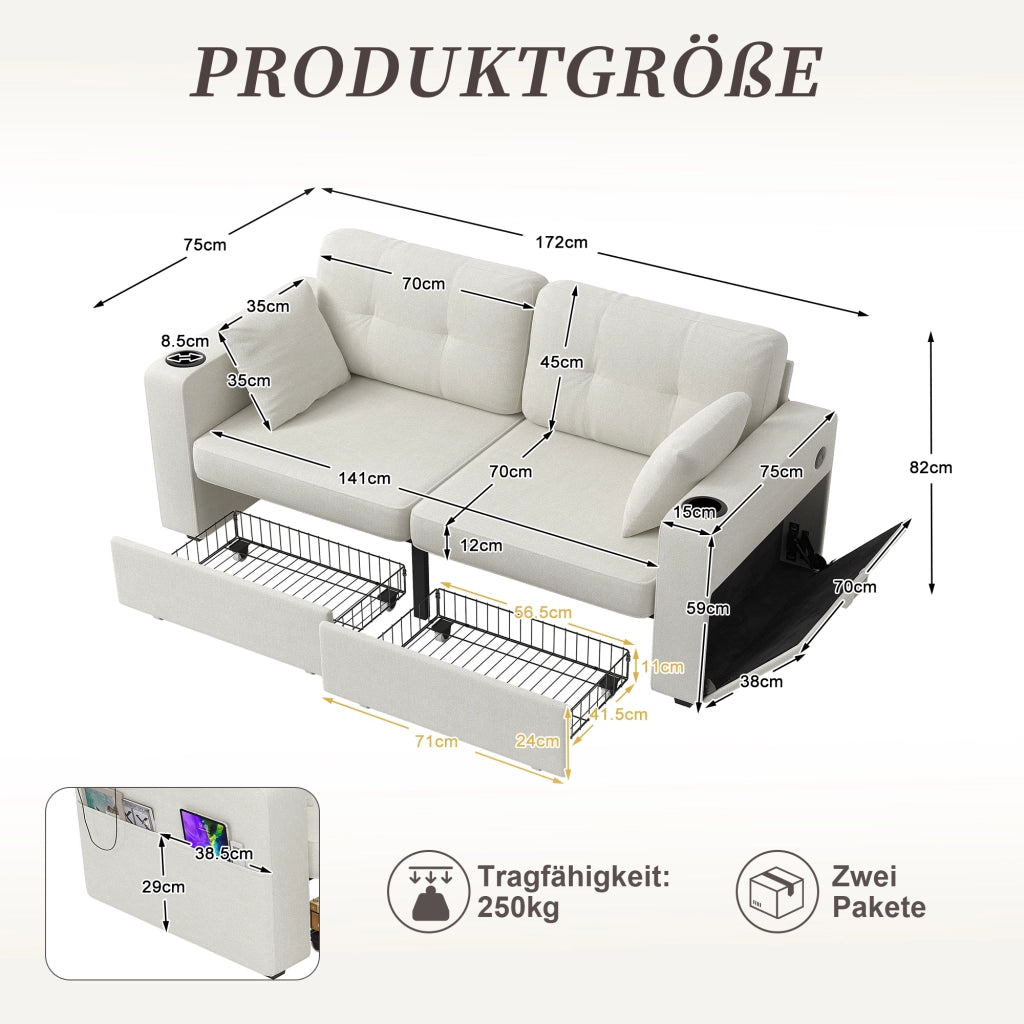 Divano due posti con cassetti e USB - Zephmum - 2 posti, cassetti, USB, porta bevande