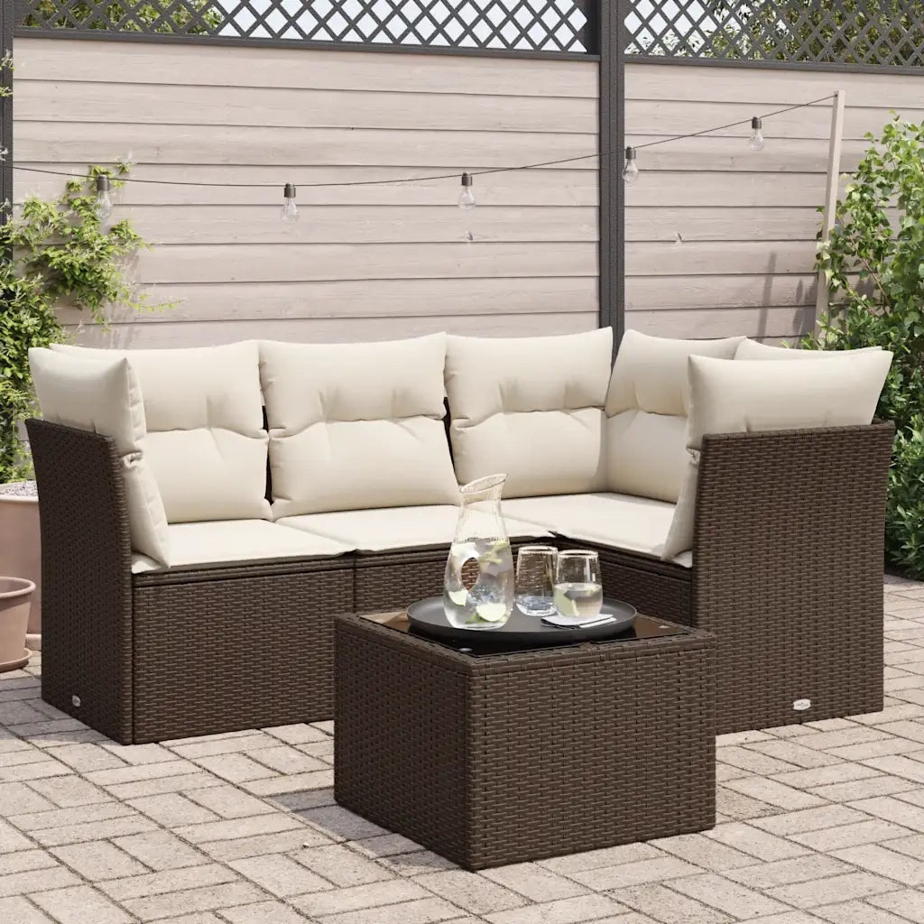 Set Divano da Giardino 5 pz | Set Salotto da Giardino con Cuscini Marrone in Polyrattan