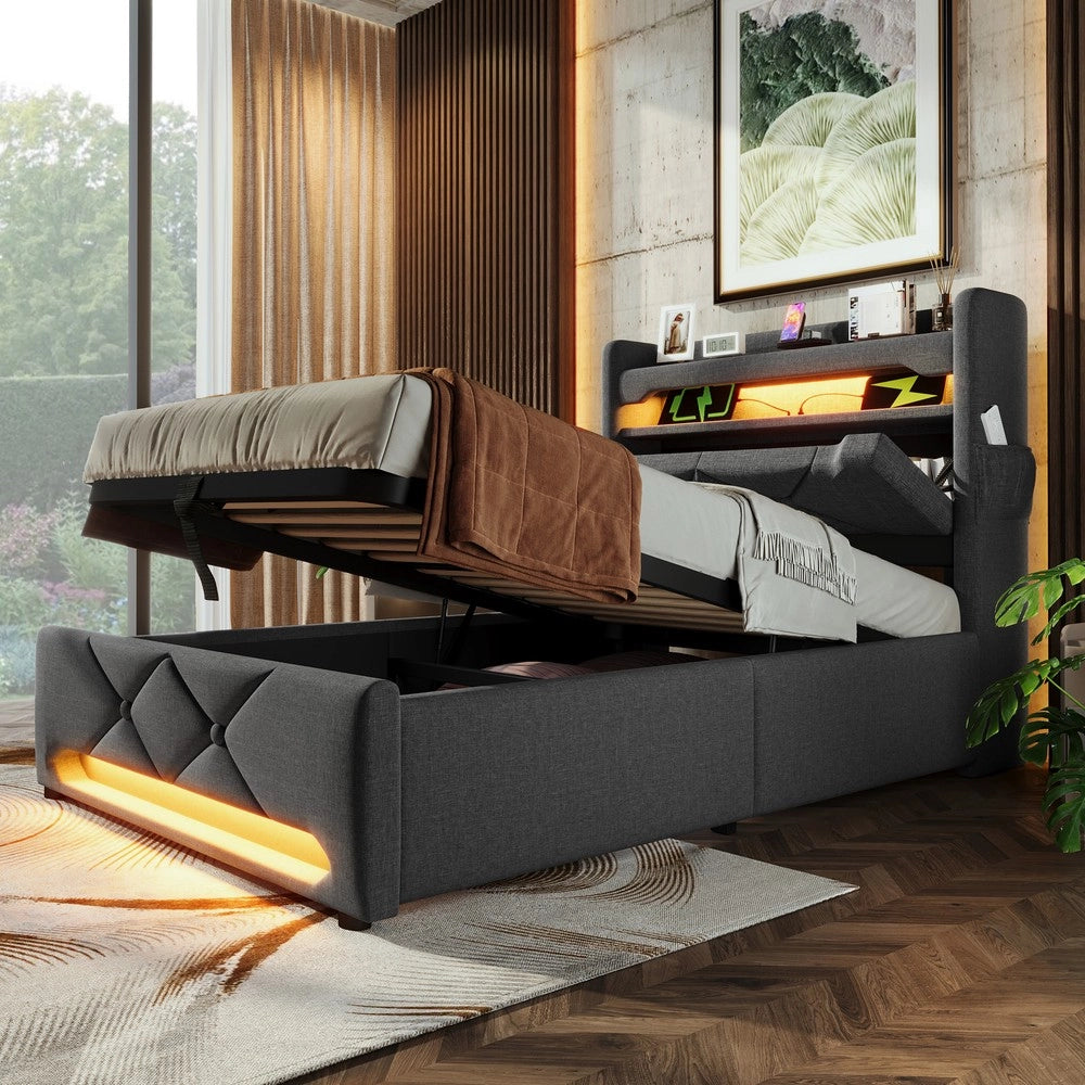 Letto Singolo Imbottito Contenitore con LED e USB ¨C MINIMAL ¨C Grigio, Tessuto, 90x200