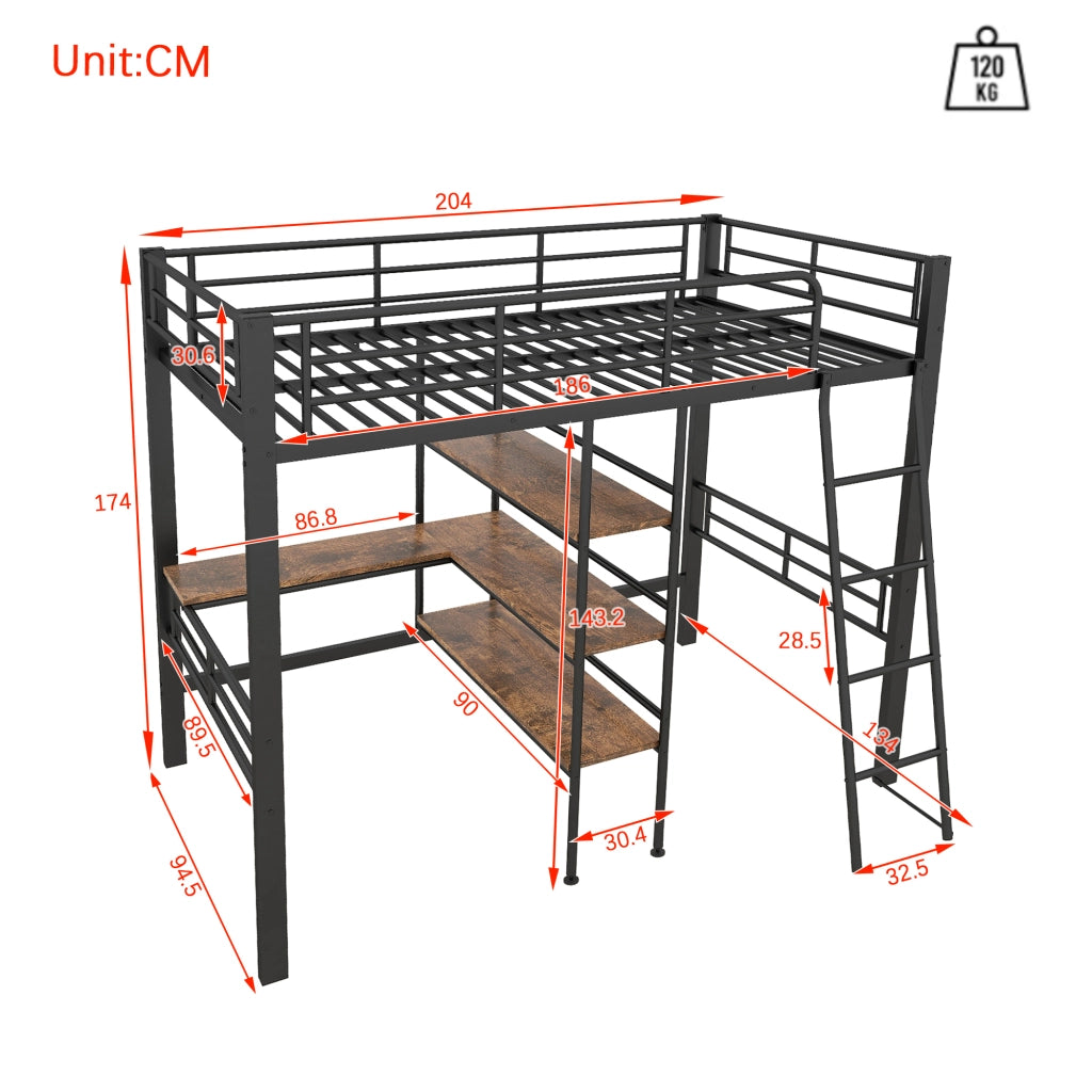 Letto a Soppalco con Scrivania ¨C MINIMAL ¨C Metallo Nero 90x200