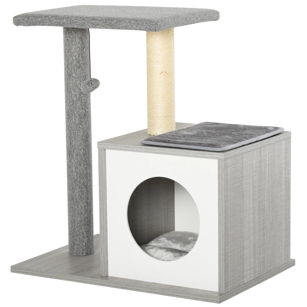 Albero Tiragraffi per Gatti con Cuccia e Colonna in Corda Sisal ¨C Minimal ¨C Grigio 59x39x62cm