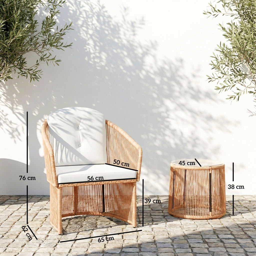 Set Bistrot Rattan 3 Pezzi con Tavolo Tondo Vetro e Cuscini ¨C zephmum ¨C Cremewei?