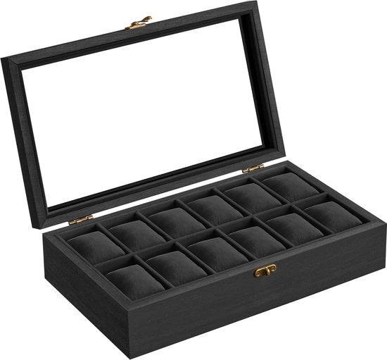 Cassa orologio in legno massello con 12 compartimenti, coperchio in vetro e cuscino orologio, regalo per i tuoi cari, nero JOW120B02
