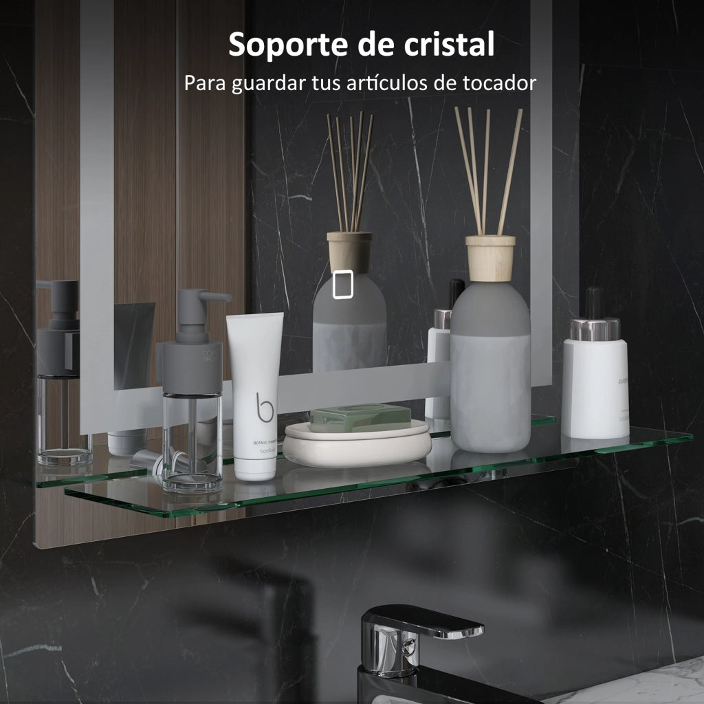 Specchio da Bagno con Luce LED e Ripiano in Vetro ¨C Minimal ¨C 50x70 cm Argento
