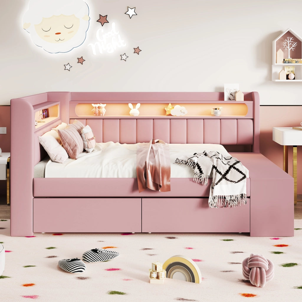 Divano letto imbottito 90x200cm - Zephmum- USB, LED, con scarpiera e 2 cassetti, Rosa