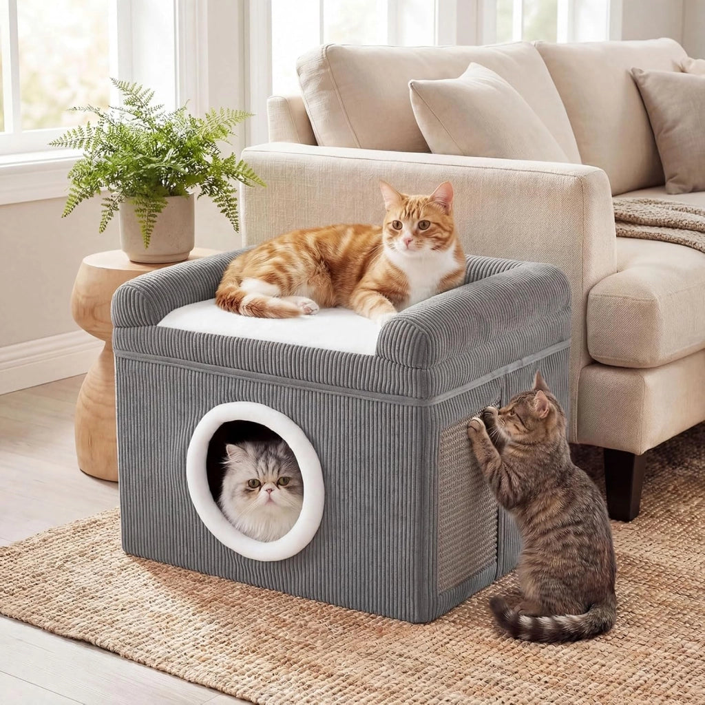 Cuccia per Gatti da Interno, Grande Casetta per Gattini a 2 Livelli con Condo Accogliente, Tappeto da Graffio in Sisal, Cuscino Morbido, Casetta Pieghevole per Animali (Grigio)