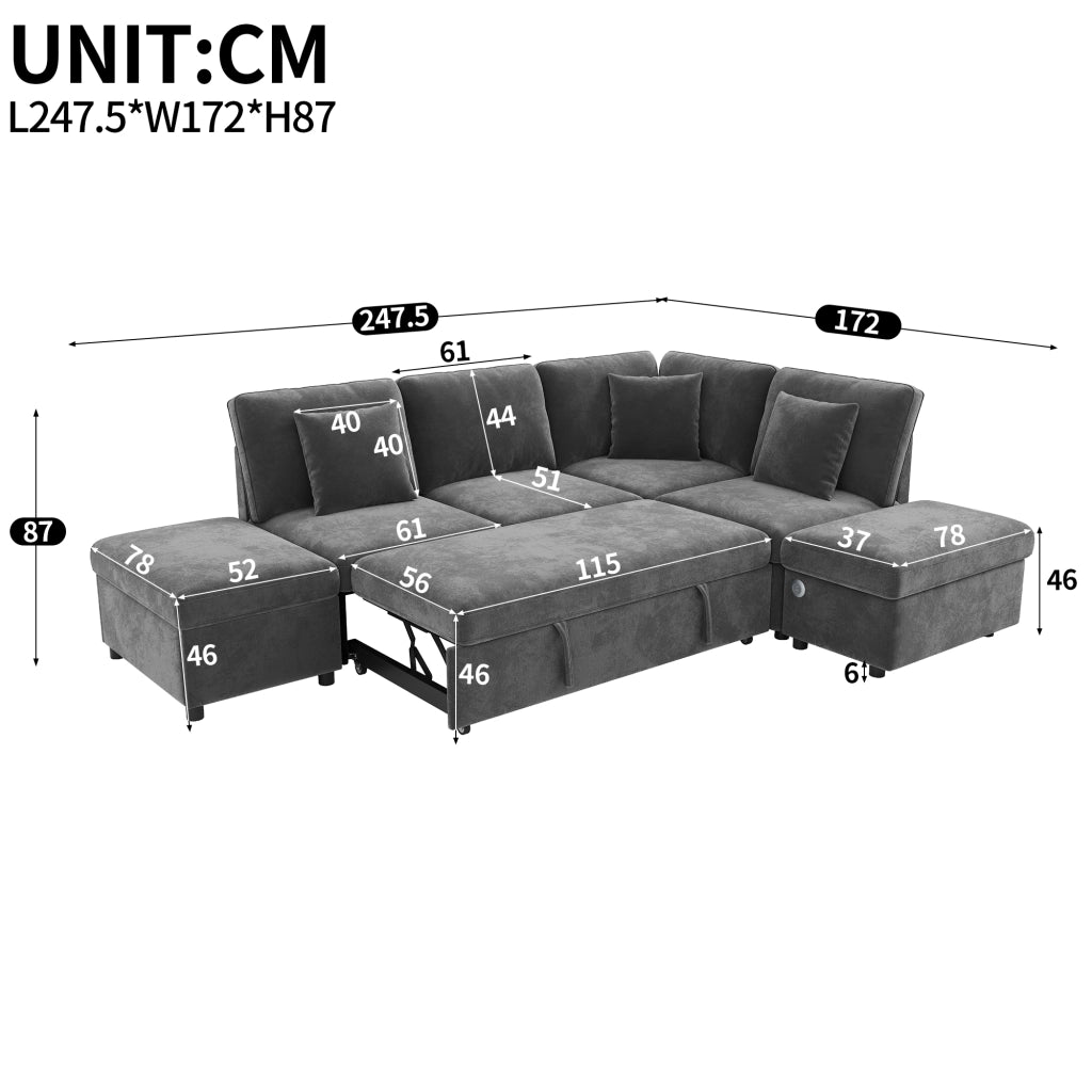SOFA ANGOLARE MODULARE 247,5x172x87 cm in chenille grigio, con 2 pouf e 3 cuscini