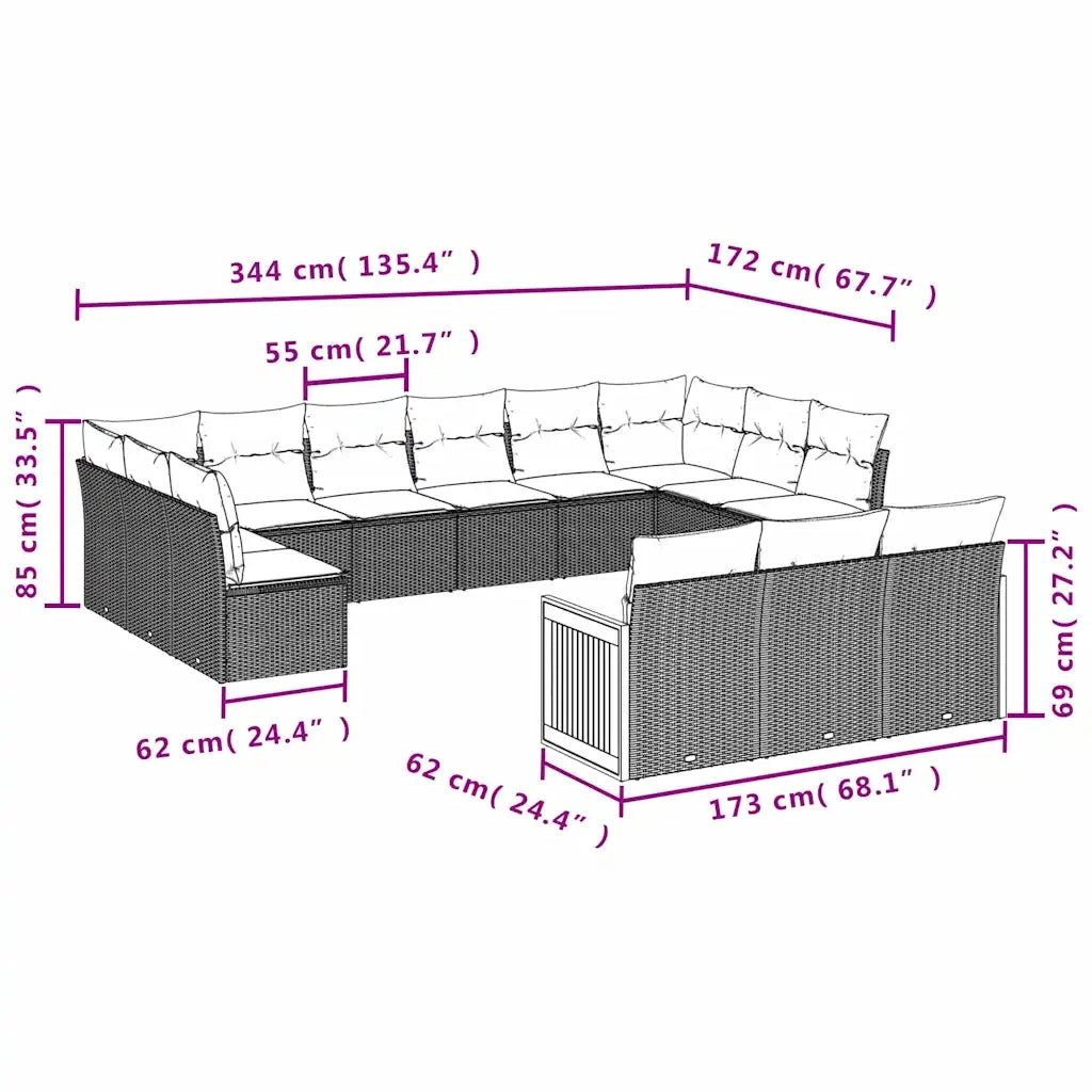 Set Divani da Giardino 13pz con Cuscini Nero in Polyrattan