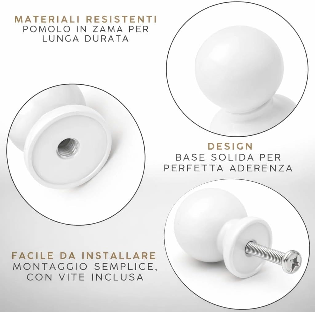 Pomolo per mobili 20x25 mm bianco per cassetti e ante - confezione da 2 pezzi