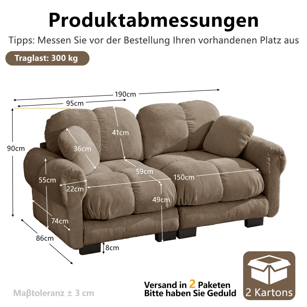 Divano 2 posti trapuntato con cuscino mobile in ciniglia marrone 190 × 86 × 90 cm
