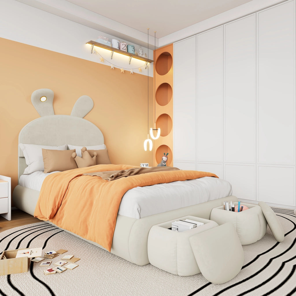 LETTO Singolo 90x200 cm in velluto beige con 2 pouf contenitore e luci LED