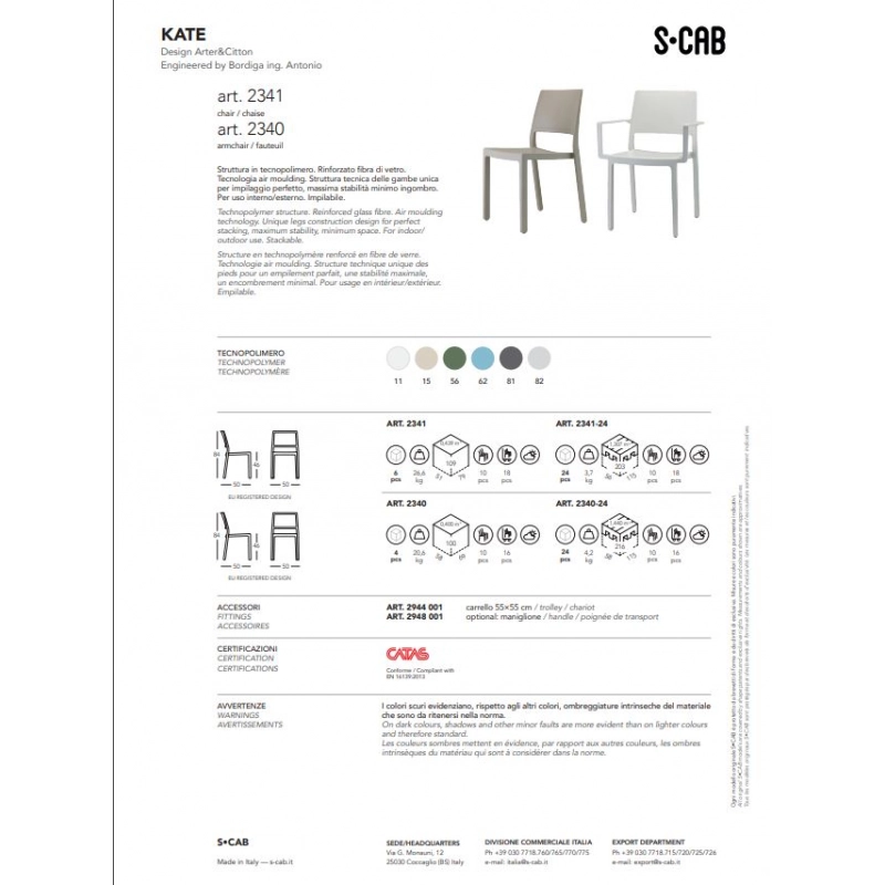 SET 4 SEDIE KATE CON BRACCIOLI TECNOPOLIMERO SCAB DESIGN - Grigio chiaro 82