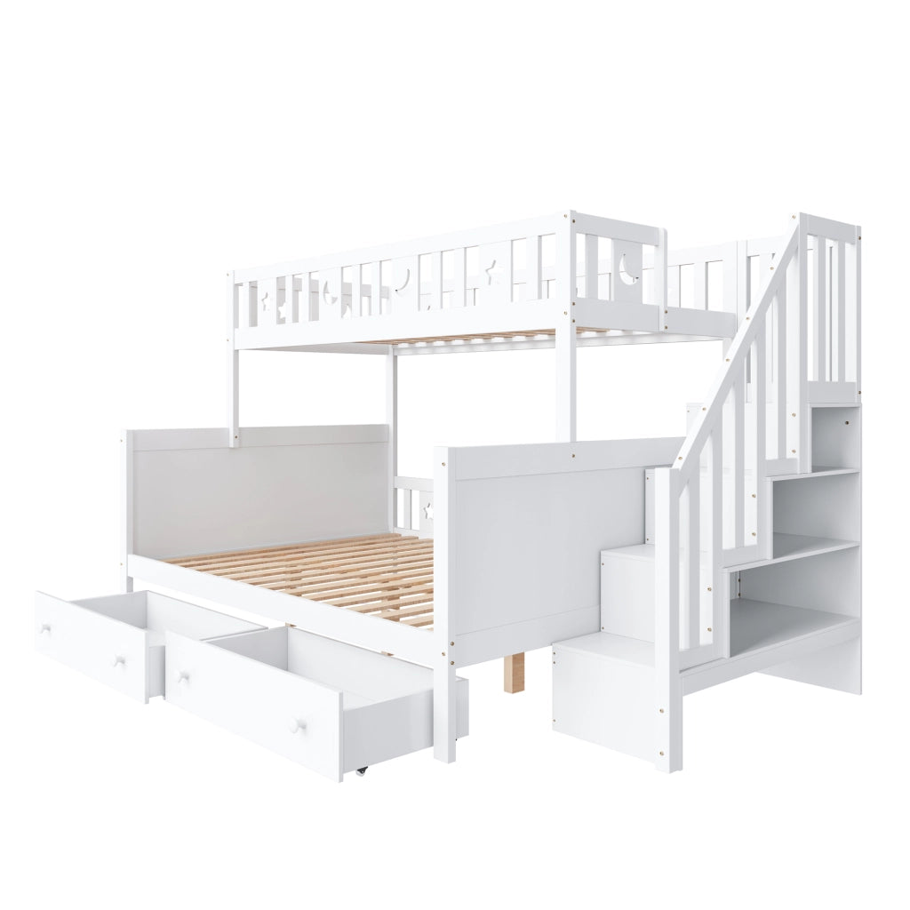 Letto a castello per bambini; 90x200cm e 140x200cm; legno massiccio; con scale di sicurezza; bianco