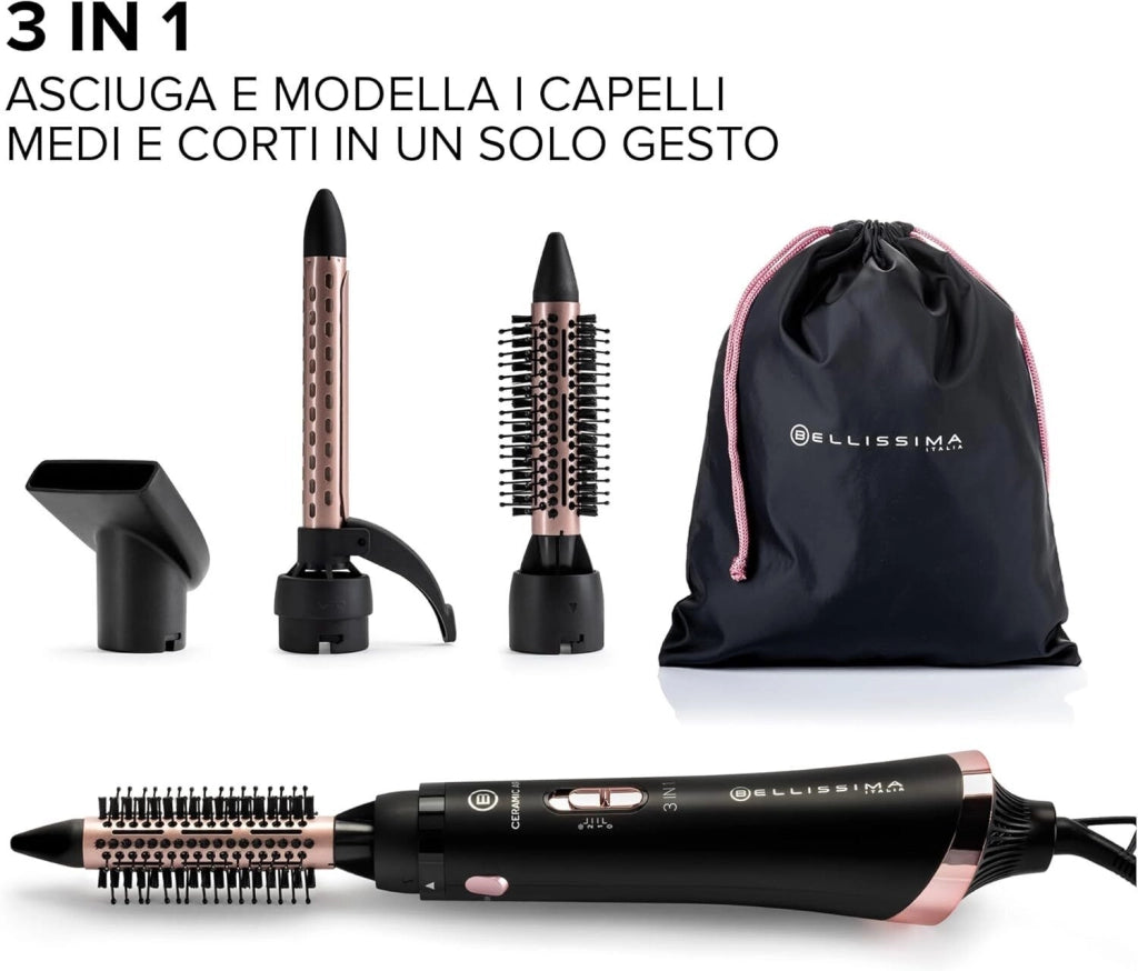 Bellissima Imetec 11886 Ceramic Air Modellatore aria calda 3 in 1 800 W 2 temperature 2 velocita' rivestimento ceramico getto aria fredda colore Nero Rosa