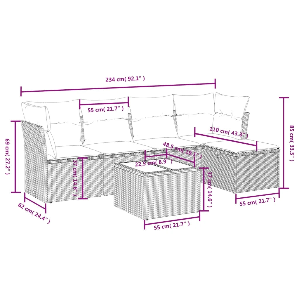 Set Divano da Giardino 6 pz con Cuscini Nero in Polyrattan 3263142