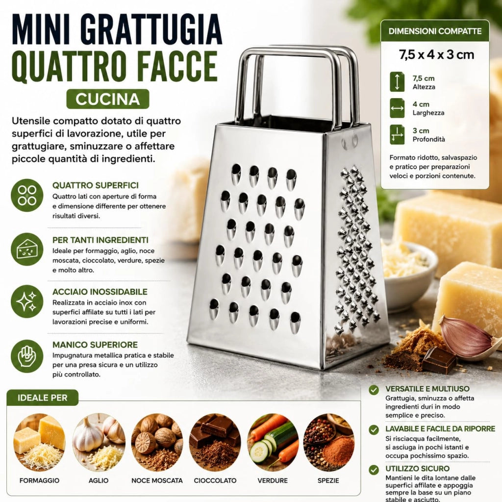 Mini Grattugia 4 Facce Acciaio Inox 7,5 cm Formaggio Spezie 74178