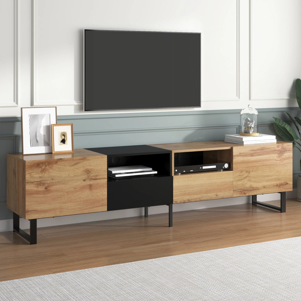 Cassettiera per TV in MDF color legno naturale e nero lunghezza 190 cm