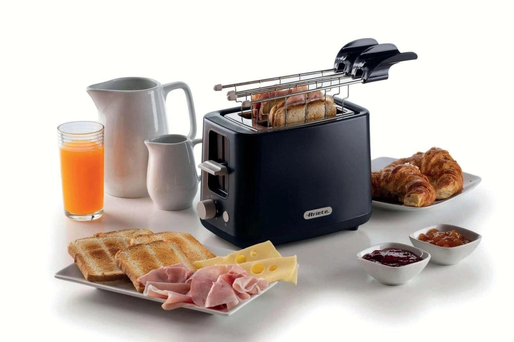 Ariete 157 Tostapane Breakfast, 760W, Capacità 2 fette di pane, Pinze in acciaio inox, 7 livelli di doratura, Pulsante stop, Tocco freddo, Dark & Sahara Grey